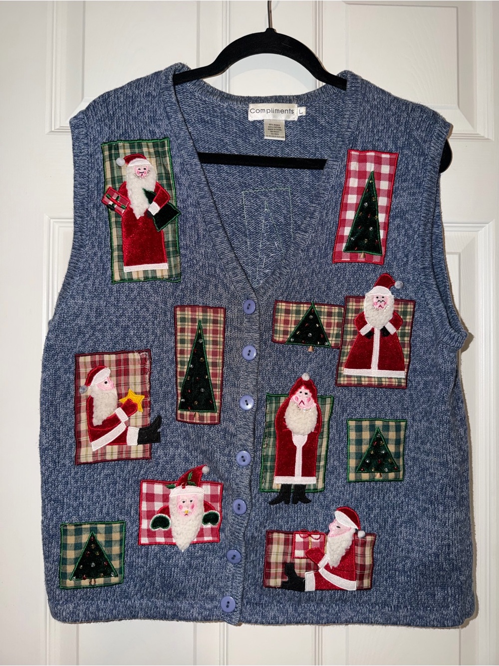 Compliments Vintage Women's Blue Santa Patch Holiday Vest Size L